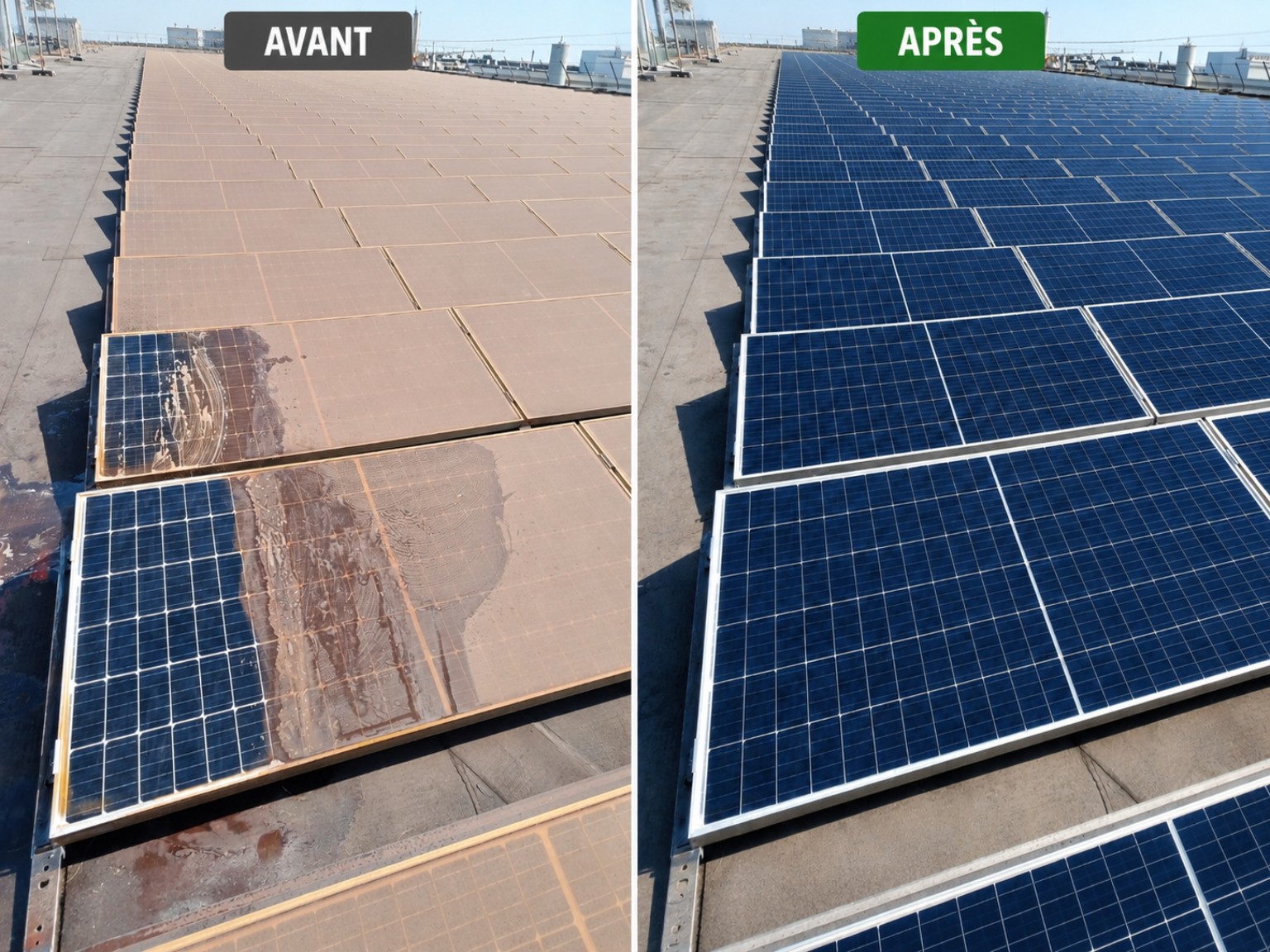 Comparaison avant et après le nettoyage de panneaux solaires